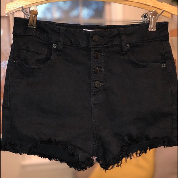 Pants - Black Distressed Denim Jean Shorts w/Stretch, High Rise, Medium